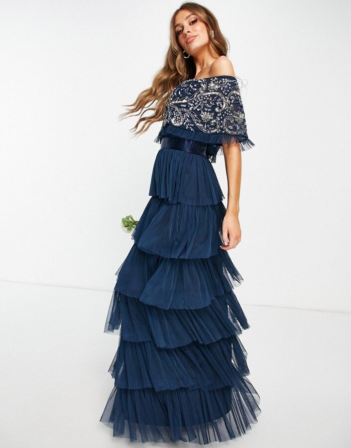 Beauut Bridesmaid Embellished Bardot Maxi Dress with Tiered Tulle Skirt in Navy.jpg