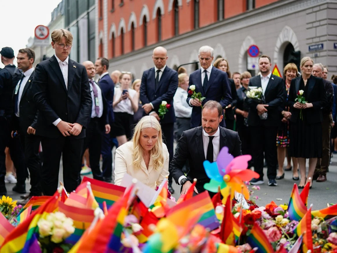 Crown Prince Haakon and Crown Princess Mette-Marit pay tribute to victims of shooting tragedy