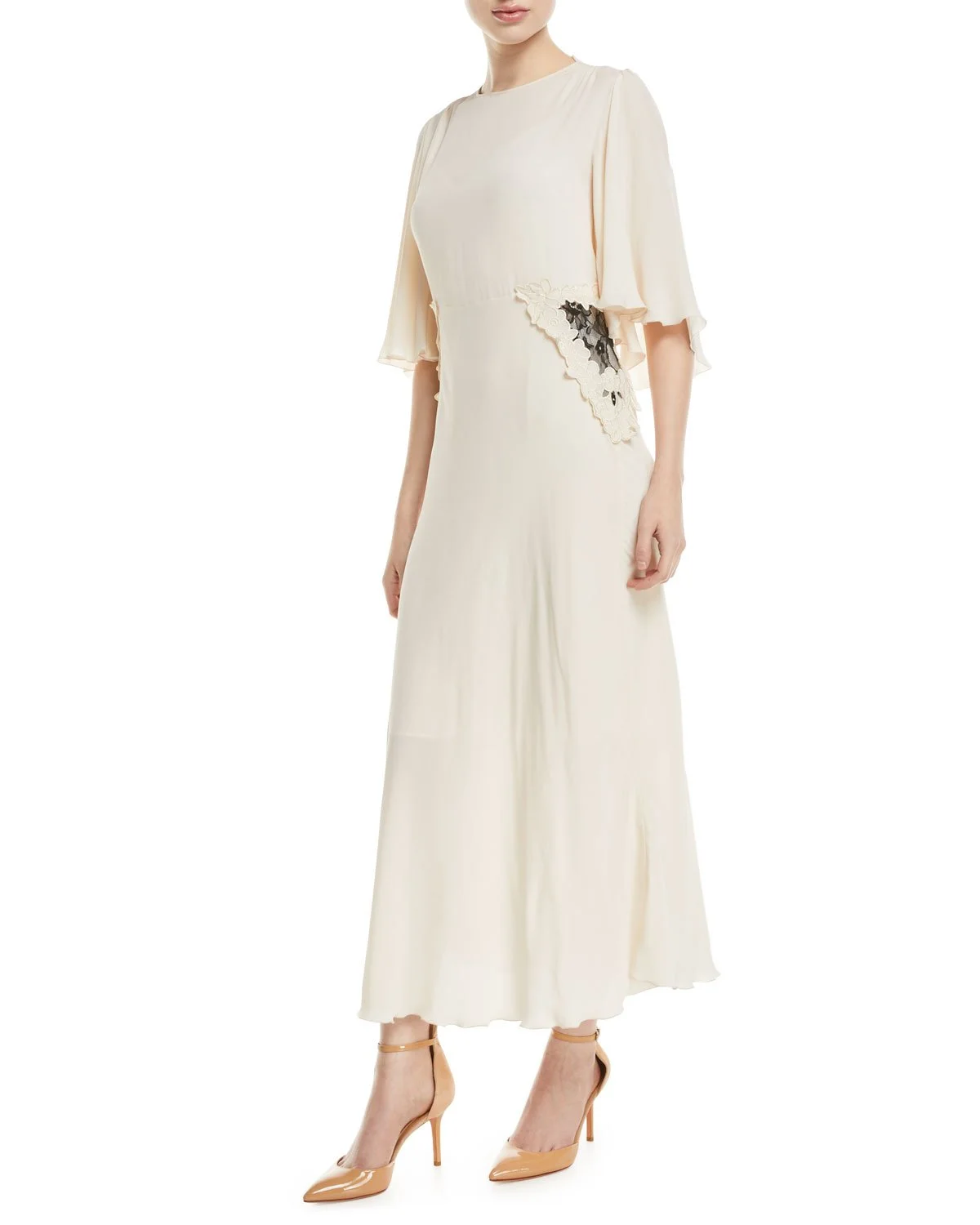 See by Chloé Long Flutter-Sleeve Dress with Applied Lace in White
