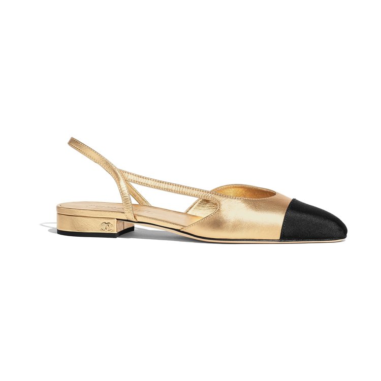 Chanel Gold Metallic Leather with Black Cap Toe Elastic Flats Shoes Ba –  AvaMaria