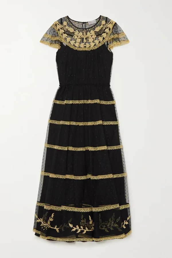 Red Valentino Embroidered Lace-Trimmed Point d’Esprit Tulle Midi Dress