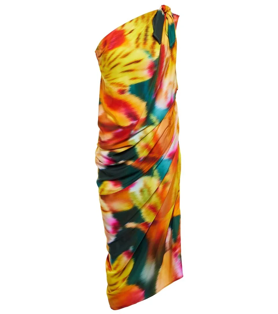 Dries Van Noten One-Shoulder Draped Floral Midi Dress