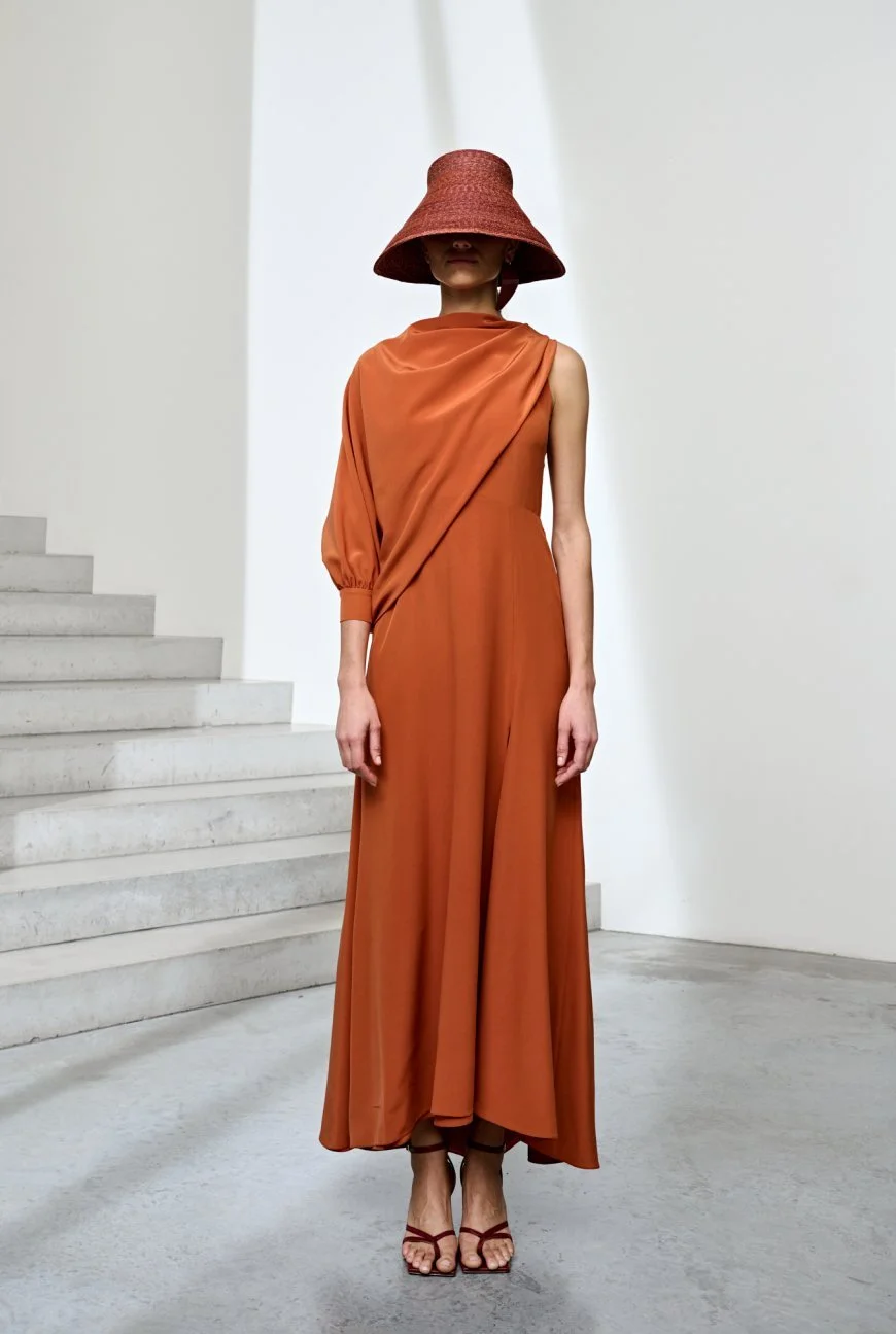 Natan Couture Juna Long Sleeves Knee-Length Dress in Orange