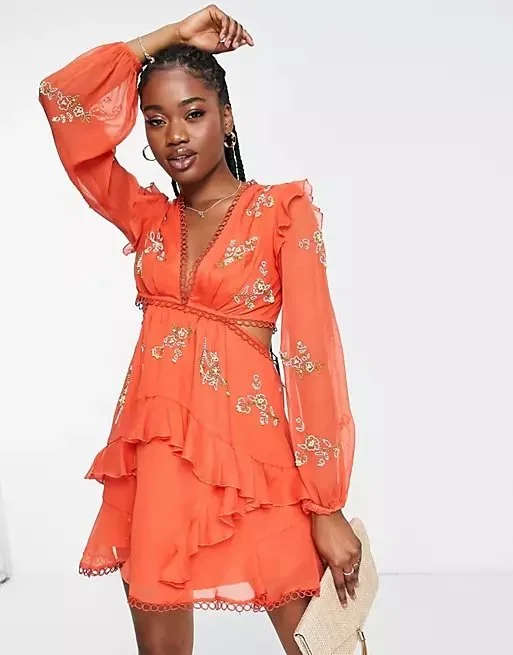 ASOS DESIGN Circle Trim Mini Dress with Floral Embellishment in Red