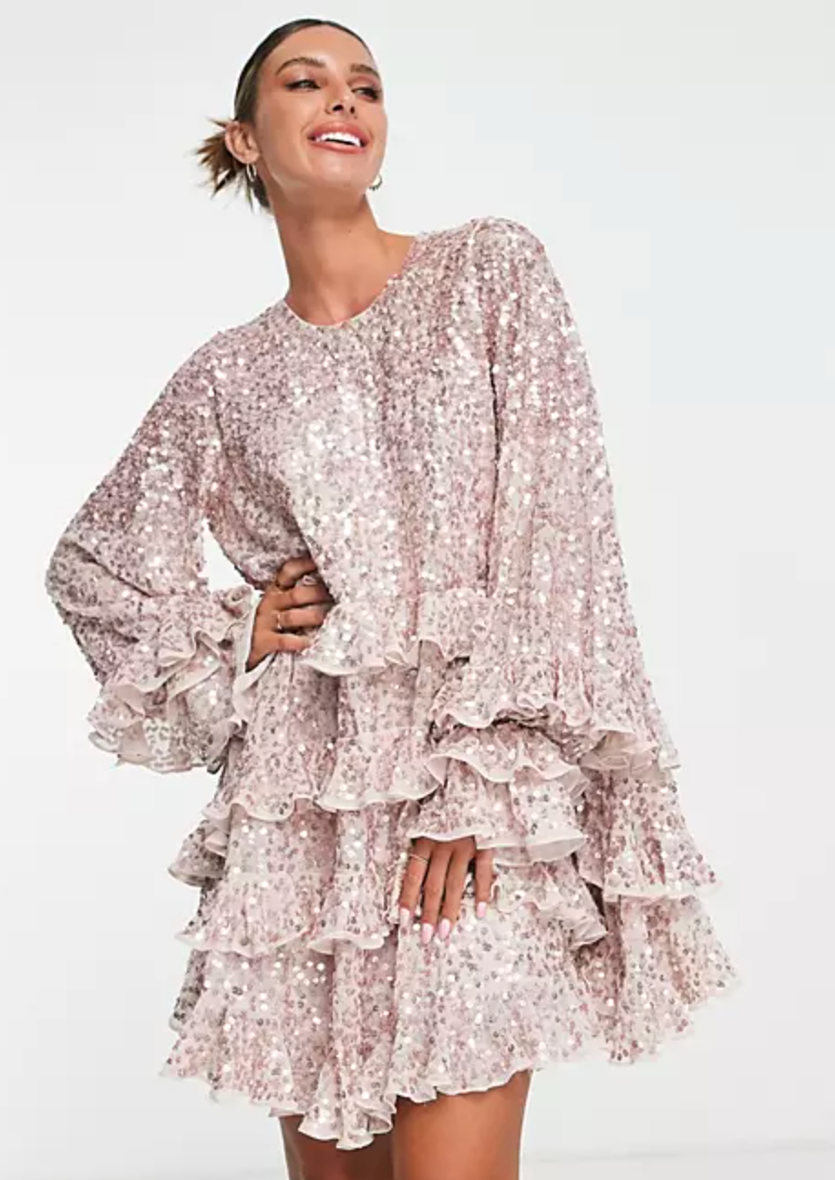 ASOS Edition Frill Sequin Smock Mini Dress in Blush