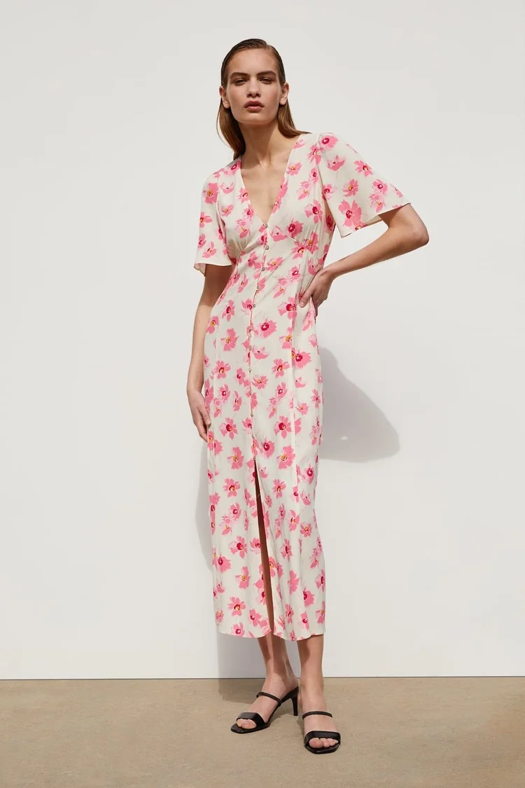 women's pink and orange dress Pink And Orange Floral Print Belted Wrap Midi Dress 8