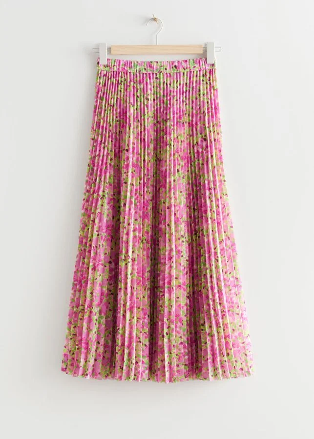 & Other Stories Plissé Pleated Midi Skirt in Pink Florals