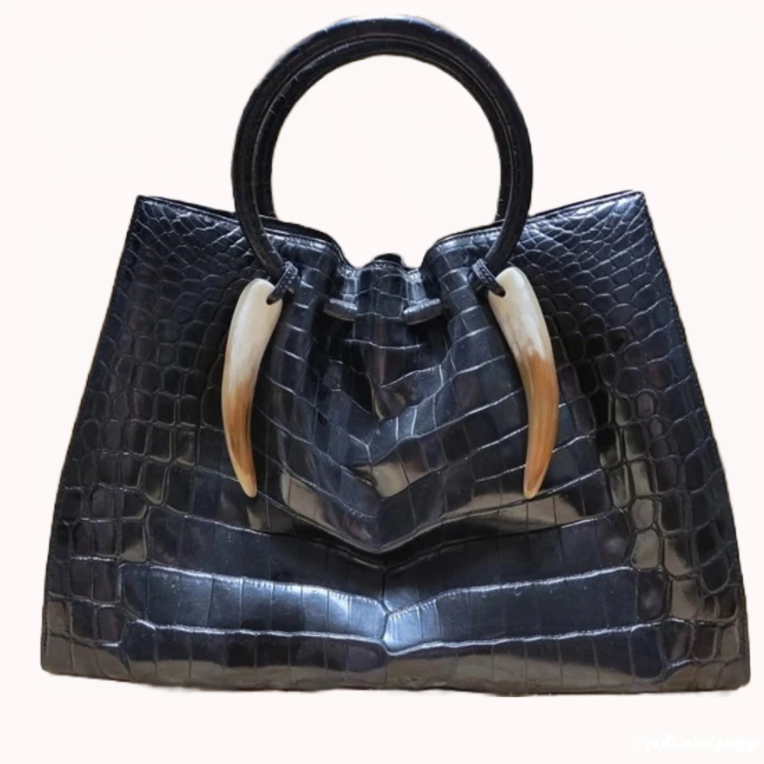 F. M. Allen Nile Croc Tote with Horn Tassels in Black.jpg