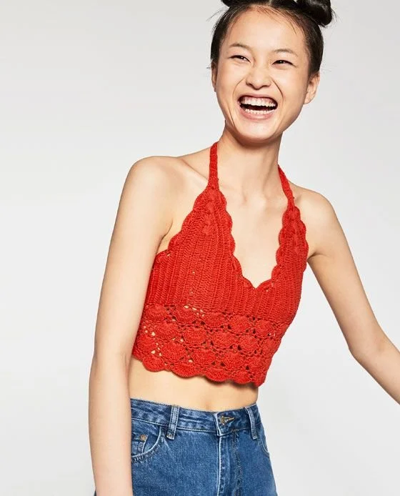 Zara Crochet Halter-Neck Crop Top in Red
