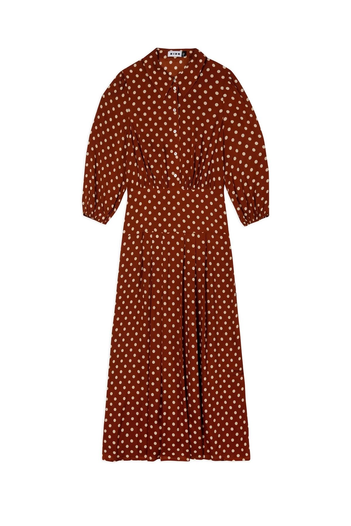 Rixo Izzy Pleated Shirtdress in Copper Dot.jpg