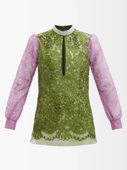 Gucci Crystal-Embellished Slit-Front Lace Blouse