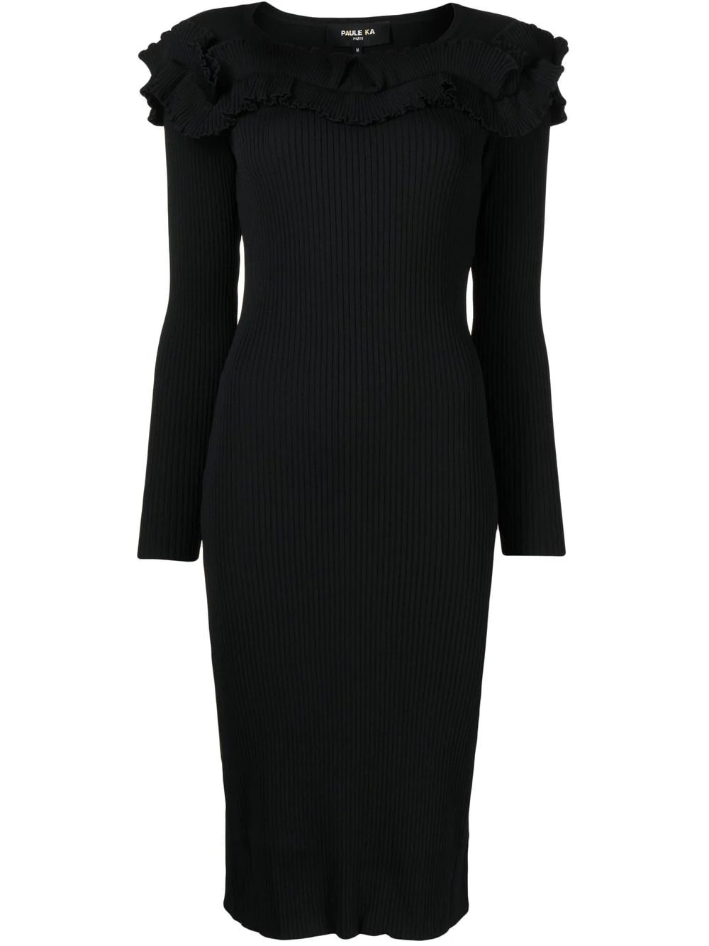 Paule Ka Ribbed-Knit Frilled Midi Dress in Black.jpg
