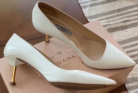 Prada Metallic Mid Heel Pumps in White Leather