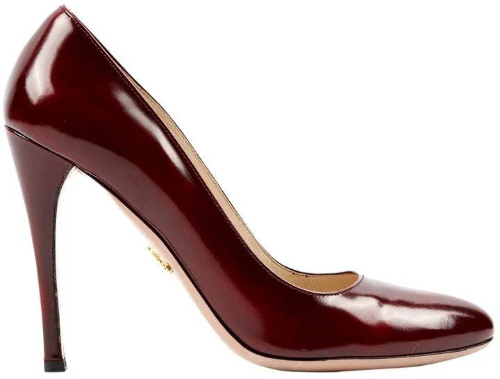 Prada Round Toe Patent Leather Pumps in Burgundy