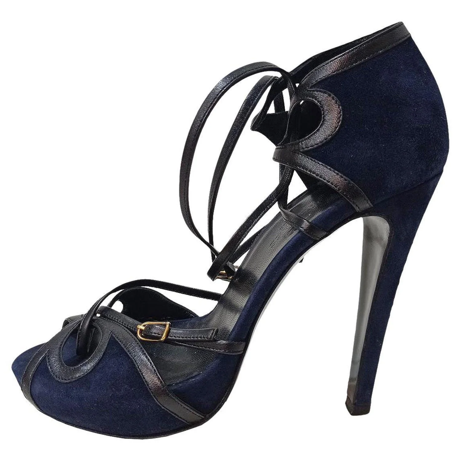 Hermès Leather-Trim Ankle-Wrap Stappy Sandals in Navy Suede