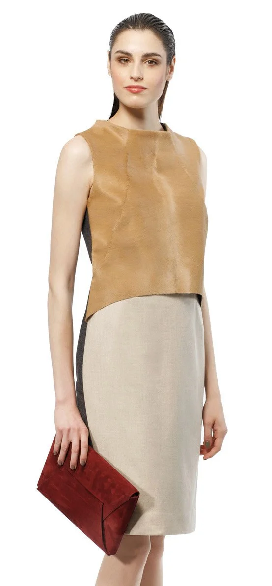 Natan Couture Ponyhair and Wool Dress in Burgundy/Grey