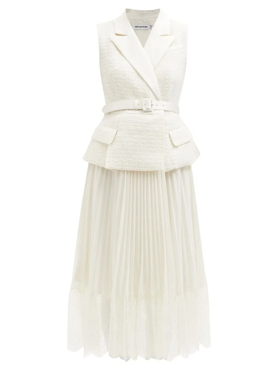 Self-Portrait Sleeveless Tailored Bouclé and Chiffon Midi Dress