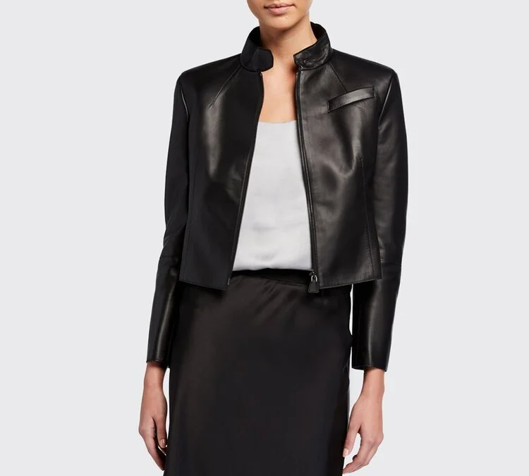 Akris Cropped Leather Zip-Front Jacket in Bordeaux