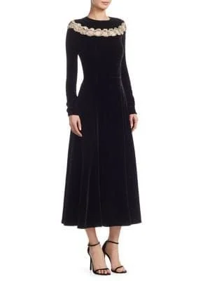 Oscar de la Renta Chain-Embroidered Velvet Dress