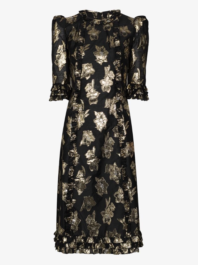 The Vampire's Wife Cate Ruffled Midi Dress in Black Floral Jacquard.jpg