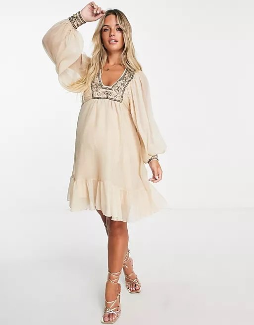 ASOS DESIGN Maternity Blouson-Sleeve Mini Dress with Floral Embellished Bodice in Stone.jpg