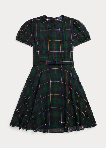 Ralph Lauren Girls Plaid Belted Chiffon Dress