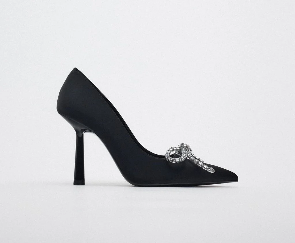 Zara Embellished Bow Heeled Shoes in Black