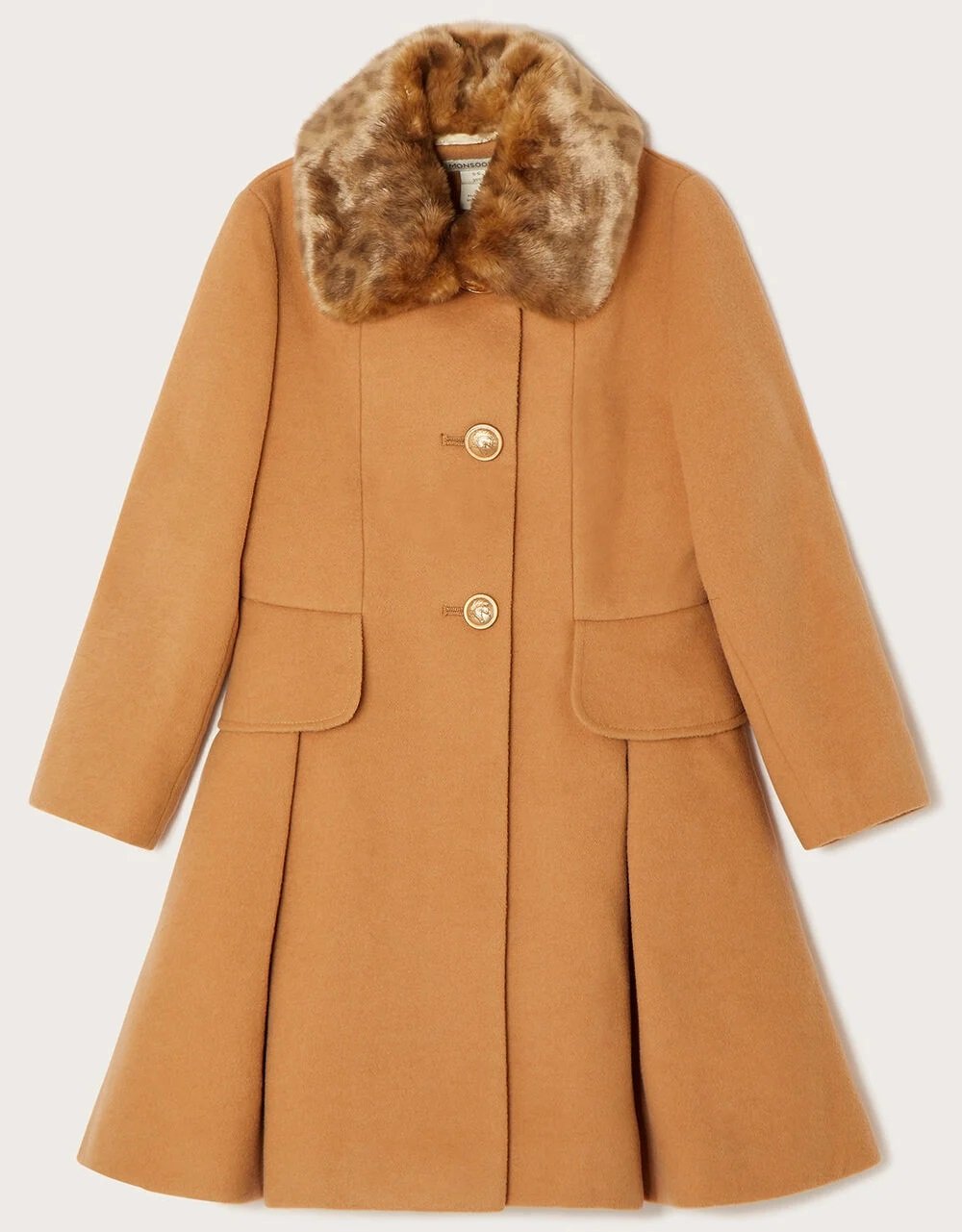 Monsoon Bustle Back Bow Coat with Faux Fur Collar in Camel.jpg