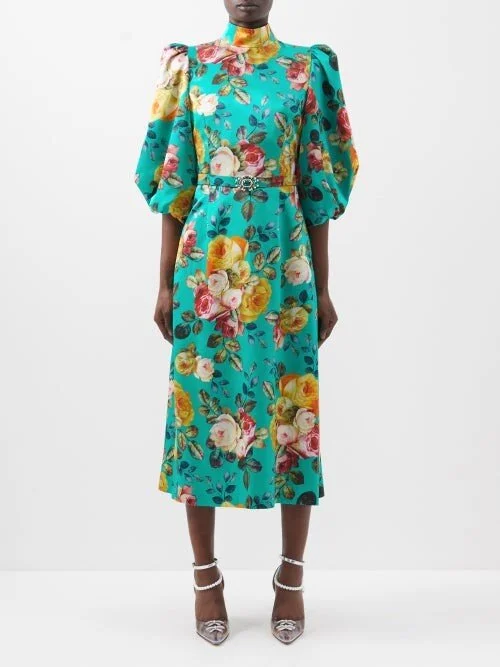 Andrew Gn Floral Midi Dress in Green