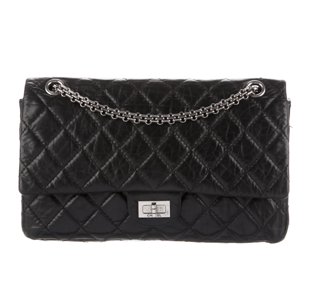 Chanel 2.55 Quilted Handbag in Black Leather with Silver Hardwear