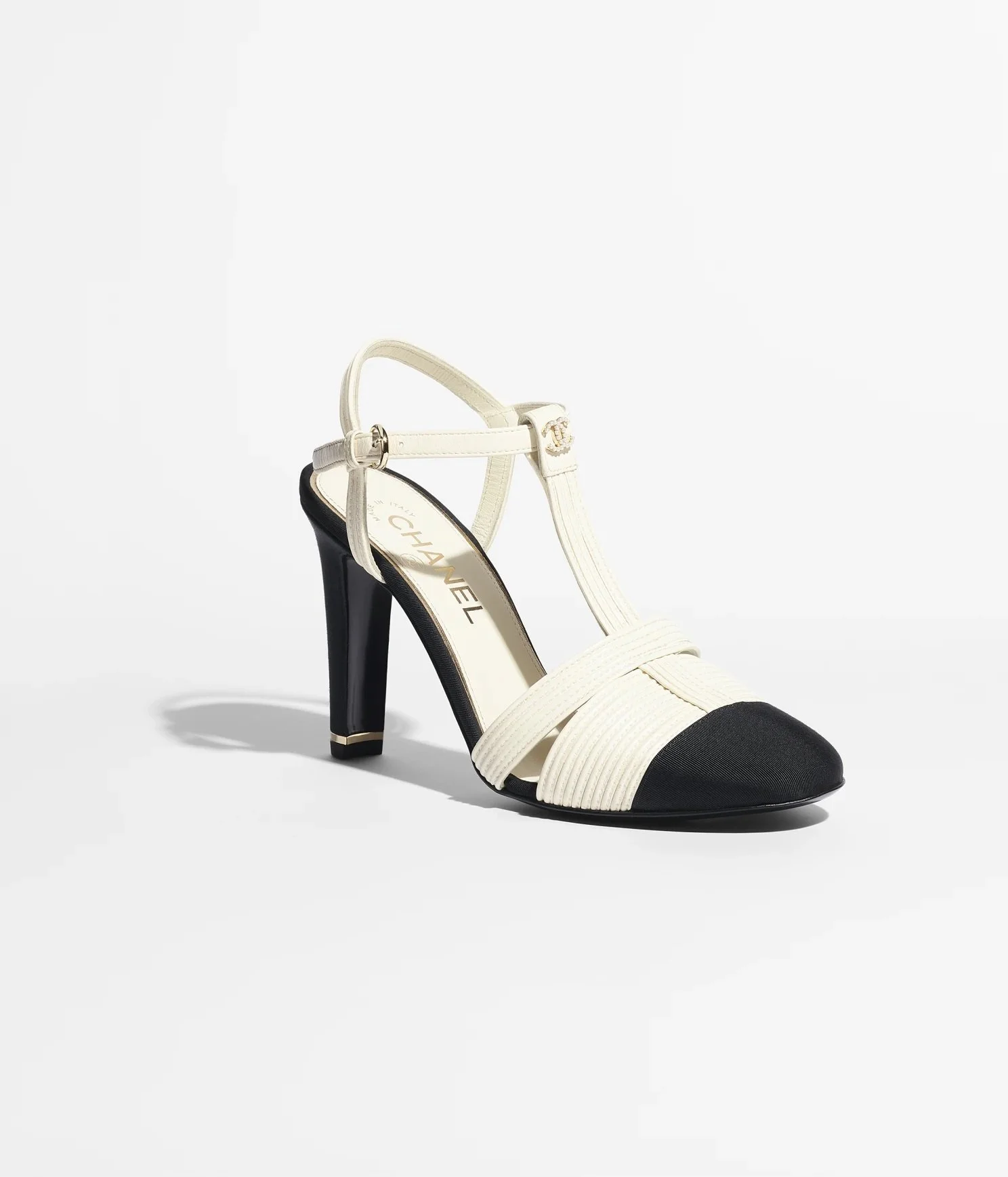 Chanel T-Strap Cap-Toe Logo-Embellished Heels in Ivory/Black