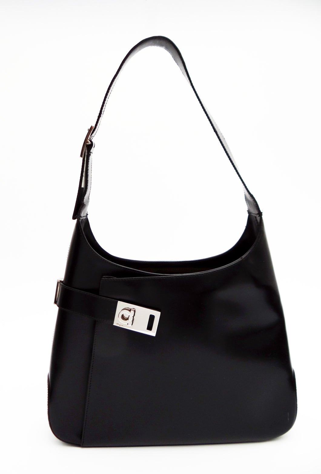Ferragamo // Black Patent Leather & Silver-Tone Gancini Lock Bag – VSP  Consignment