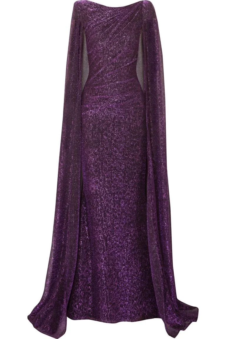 Talbot Runhof Cape-effect Draped Metallic Voile Gown in Purple
