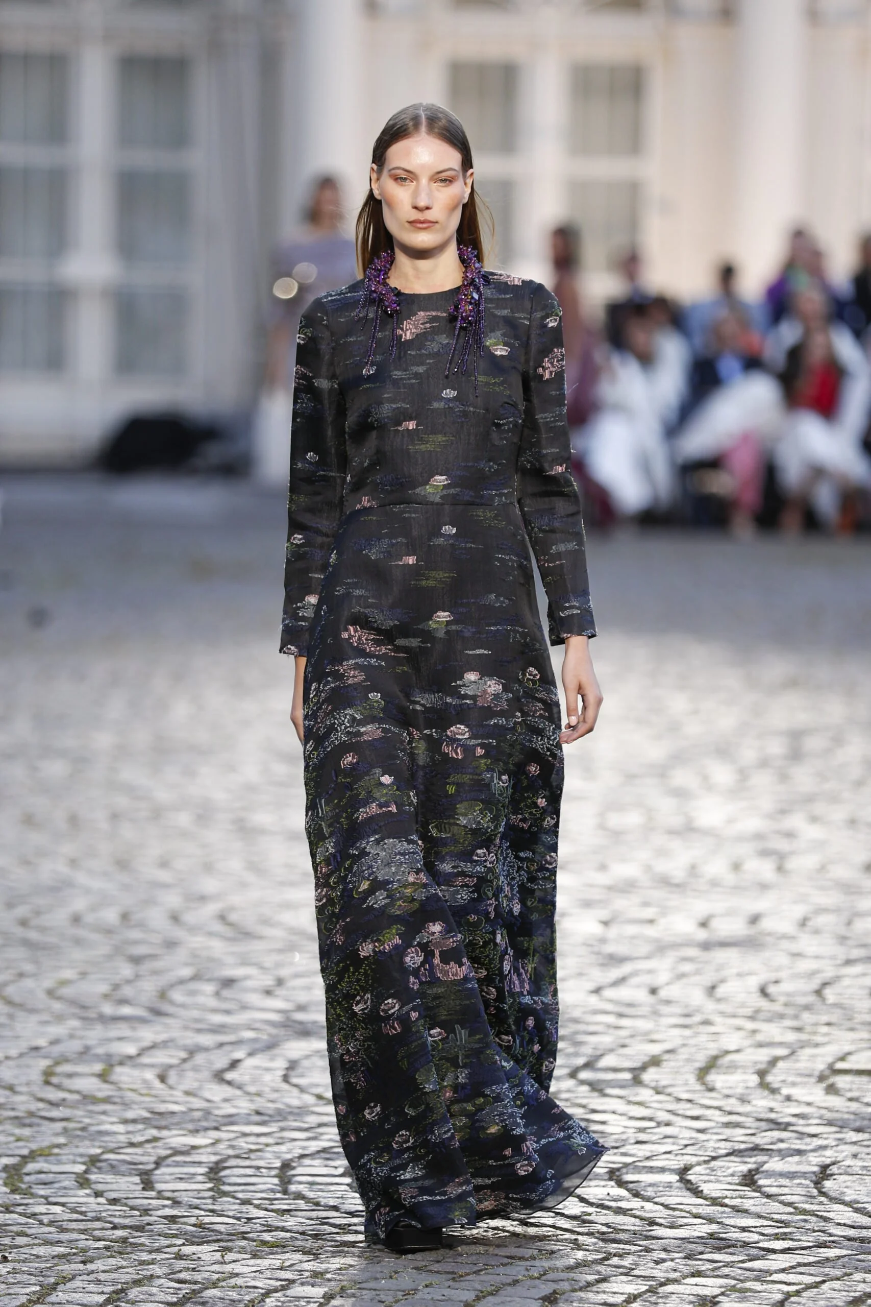 Natan Couture Water Lily Embroidered Midi Dress