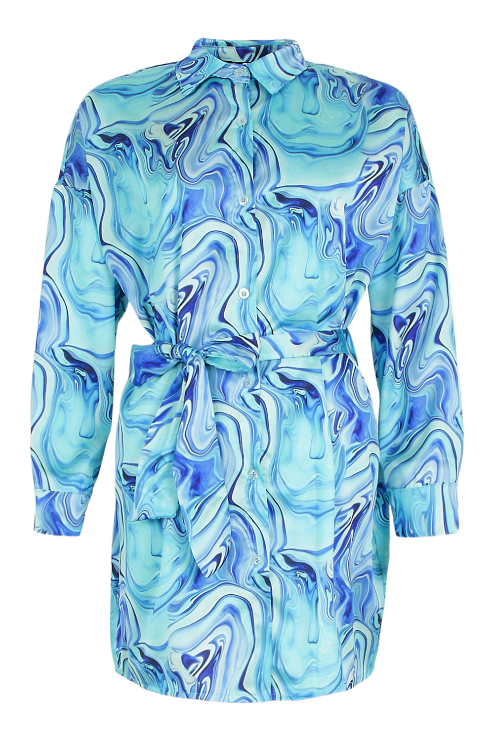 Boohoo Marble Satin Belted Shirt Dress in Blue.png