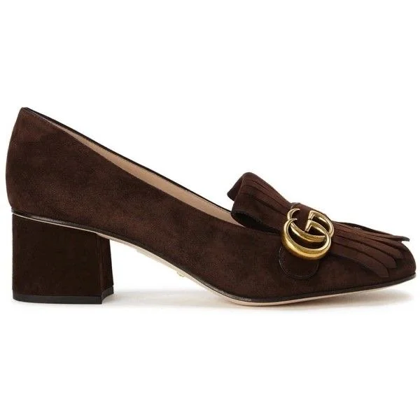 Gucci Marmont Mid-Heel Fringe Pumps in Brown Suede