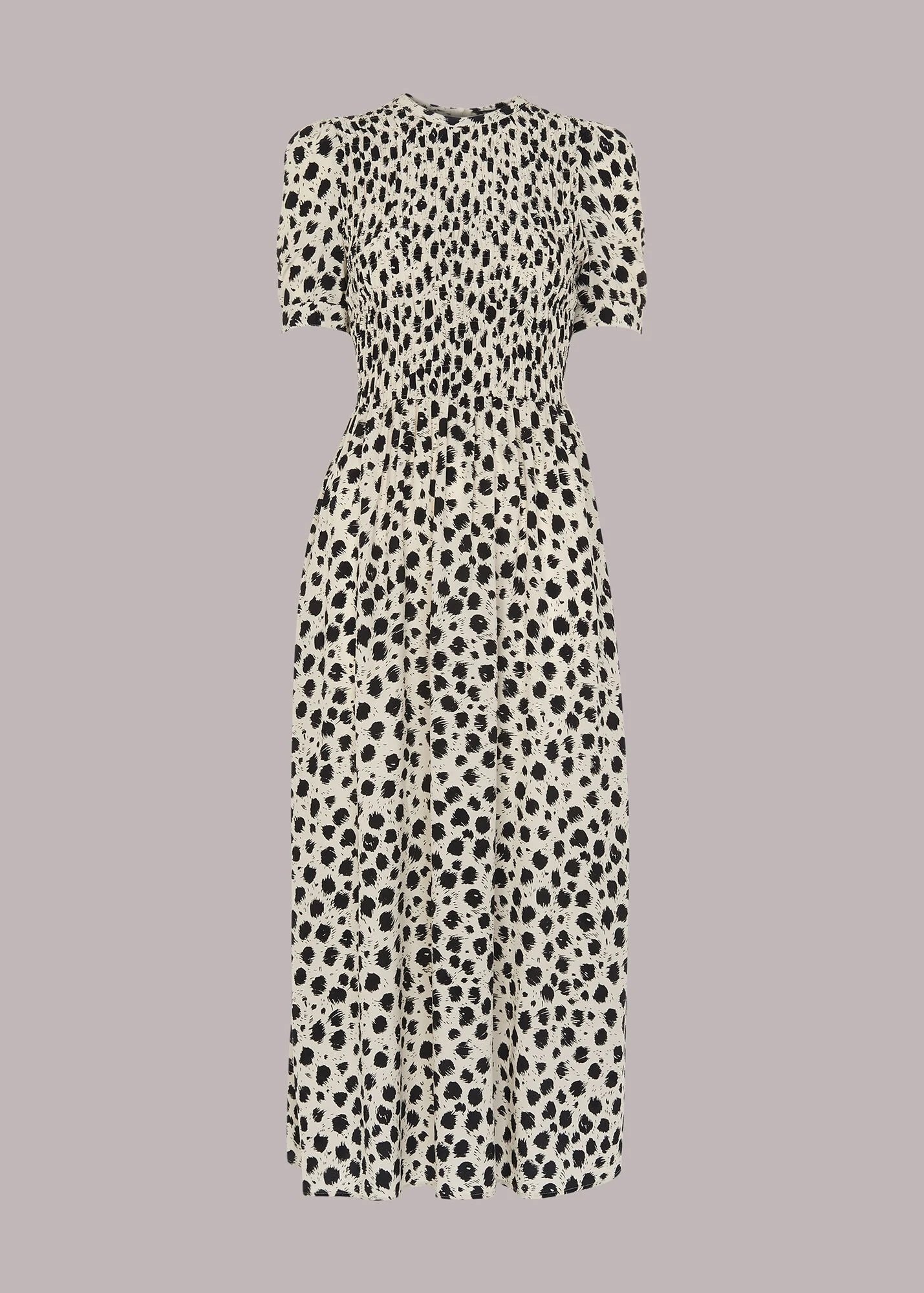 Whistles Dalmatian Shirred Midi Dress in Black White.jpg