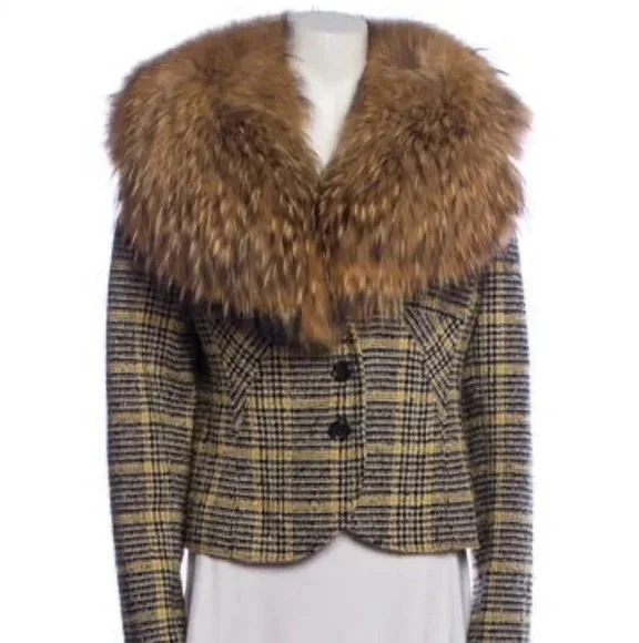 Valentino Plaid Suit Jacket with Fox Fur Trim