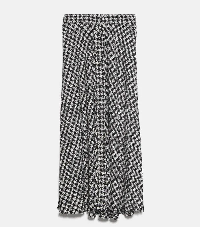 Zara Houndstooth Tweed Midi Skirt