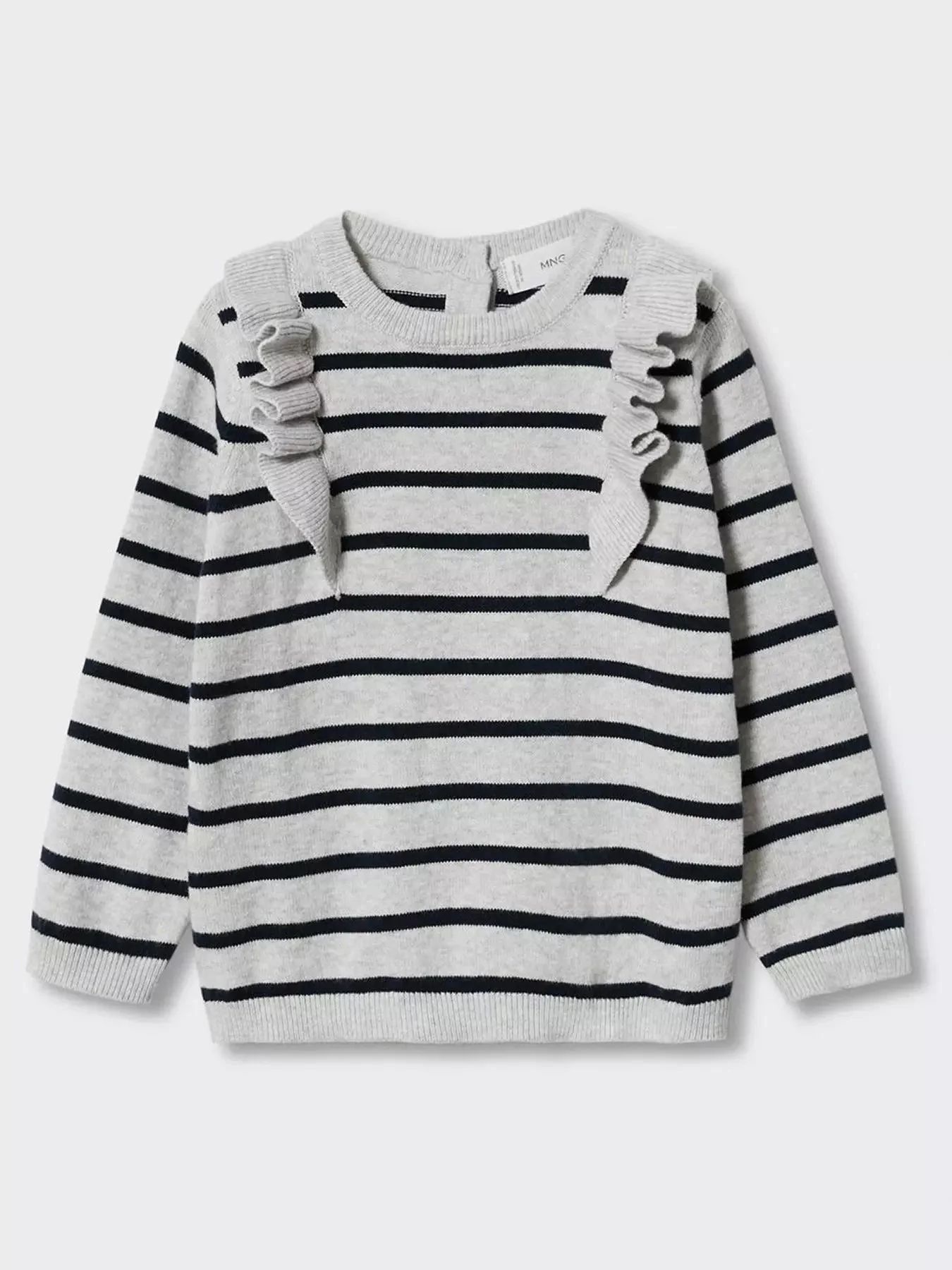 Mango Striped Frill Knitted Jumper in Light Grey