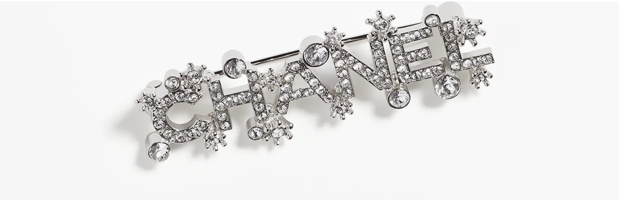 Chanel Logo Diamantés Metal Brooch in Silver & Crystal — UFO No More