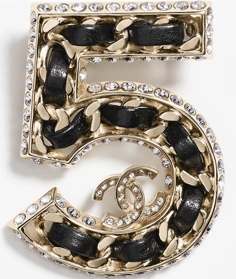 Chanel 5 Metal, Lambskin & Strass Brooch in Gold, Black & Crystal — UFO No  More