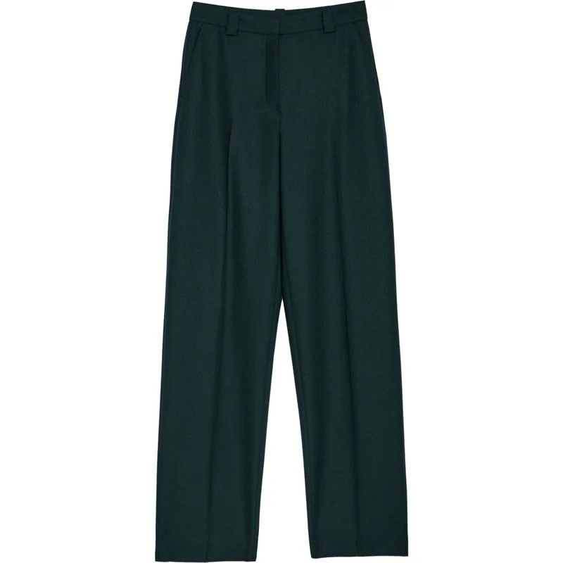 Massimo Dutti 100% Wool Wide-Leg Flannel Trousers in Green
