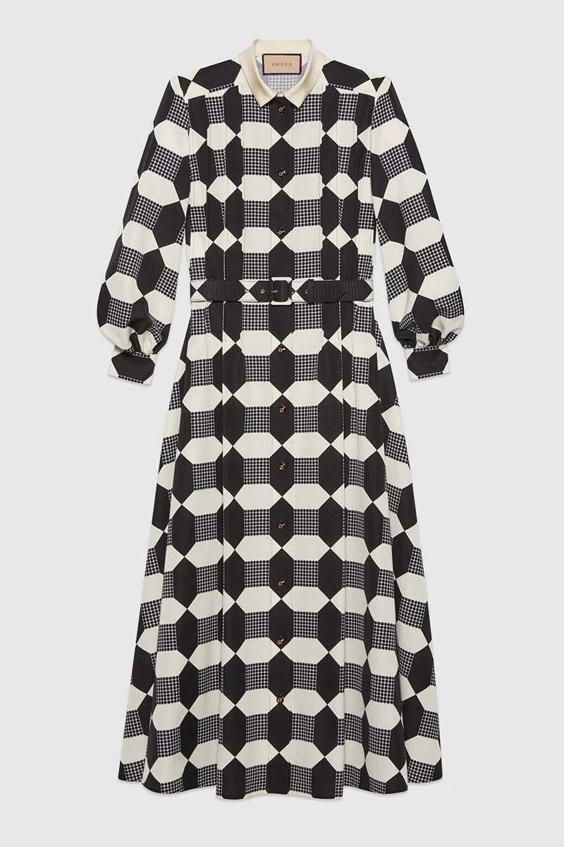 Gucci Belted Optical Print Silk Dress