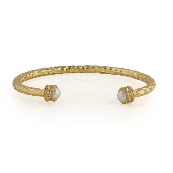 Halcyon Days Hammered Torque Bangle in Gold & Pearl
