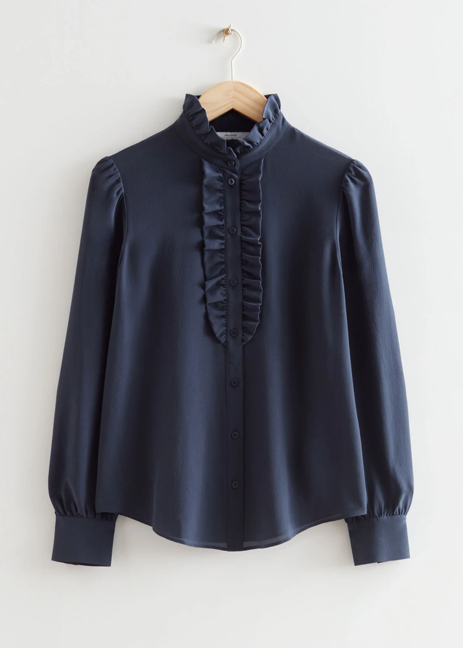 & Other Stories Frilled Silk Blouse in Navy