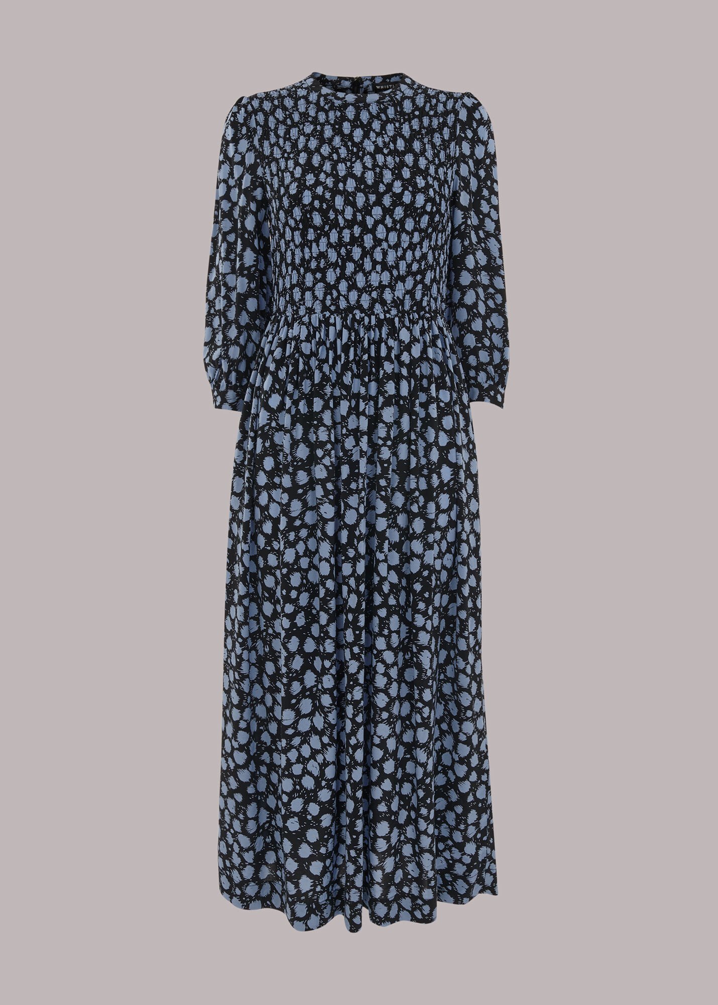 Whistles Dalmatian Shirred Midi Dress in Blue.jpg