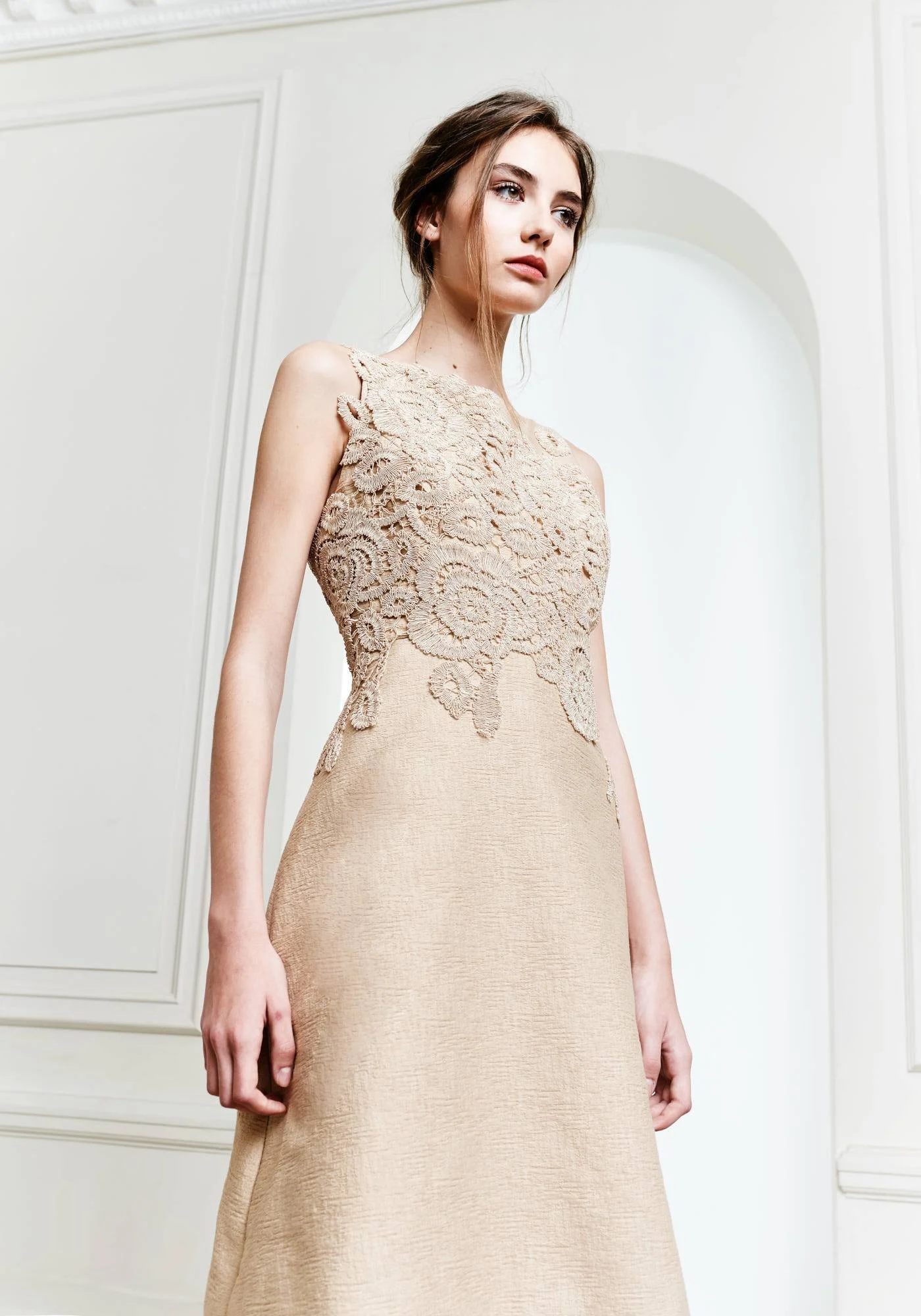 Natan Couture Embroidered Elbow Sleeves Dress