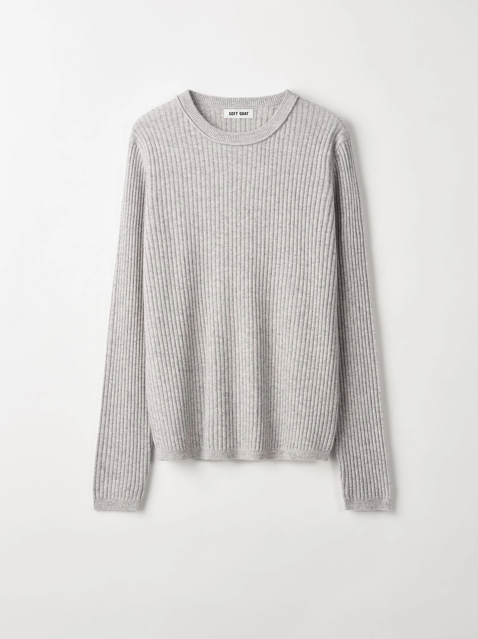 Soft Goat Ribbed O-Neck Jumper in Light Grey