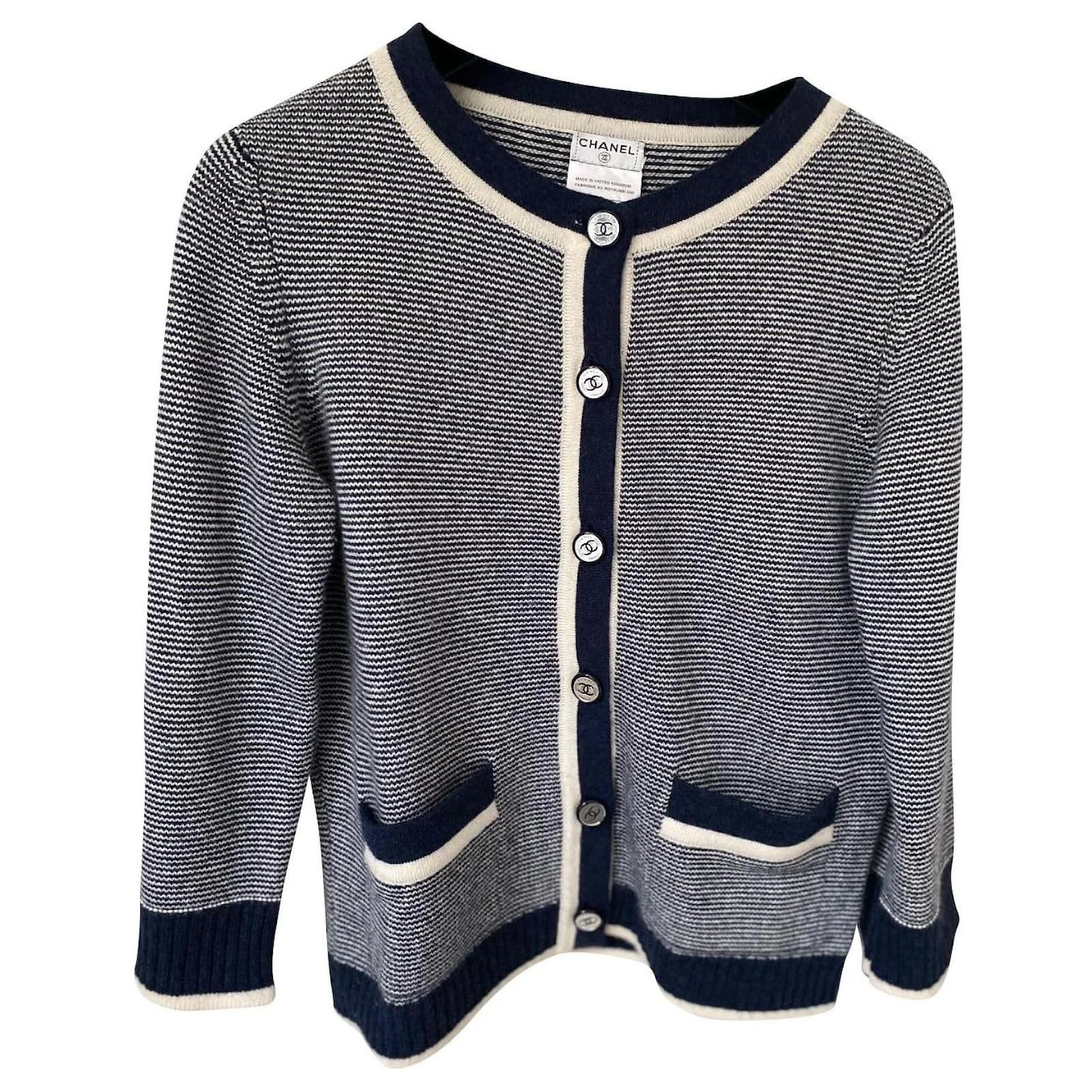 Chanel Striped Cashmere Cardigan with Contrast Trim